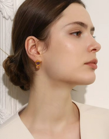 Arete Triana Con Circonias Moradas Para Mujer Bañado en Oro