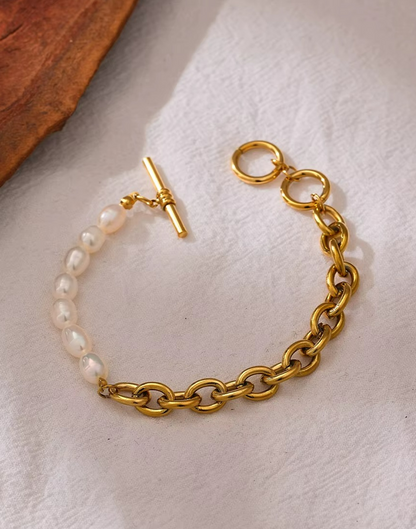 Pulsera Coralina Con Perlas Para Mujer Bañada en Oro