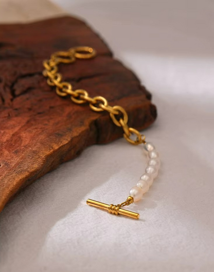 Pulsera Coralina Con Perlas Para Mujer Bañada en Oro